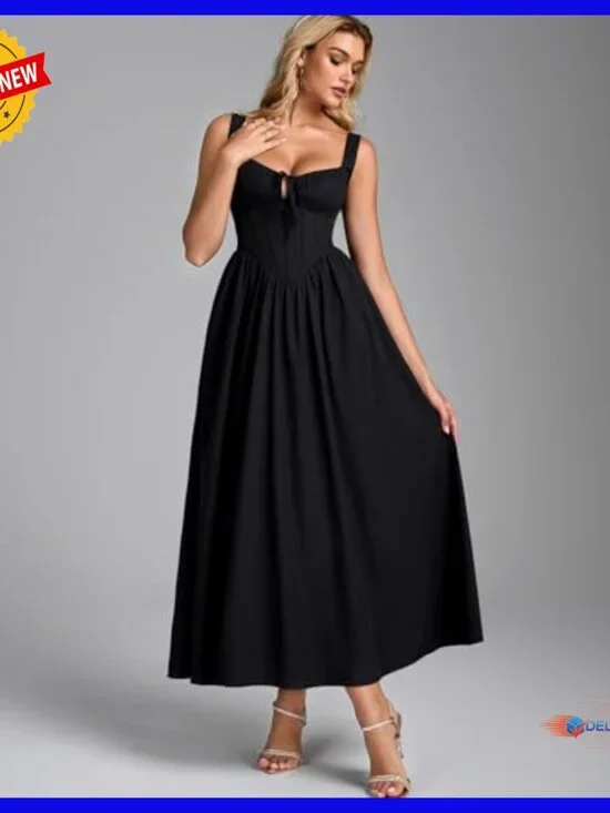 Corset Midi Dress Lace Up Back A-Line Flowy Formal Wedding Guest Sundress - Picture 5 of 6